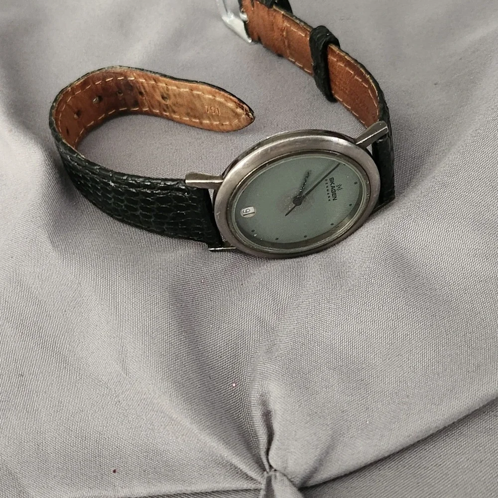 Skagen Denmark Men Watch Silver Tone Blue Dial Date Black Leather Strap 105LSLB